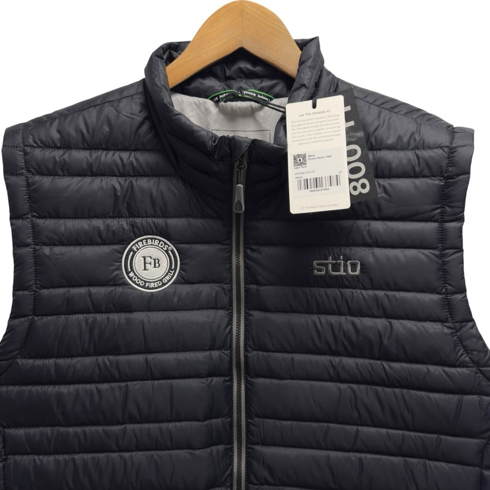 Stio NEW Mens Large Abyss Black 800 Down Full Zip Pinion Puffer Vest Jacket Logo